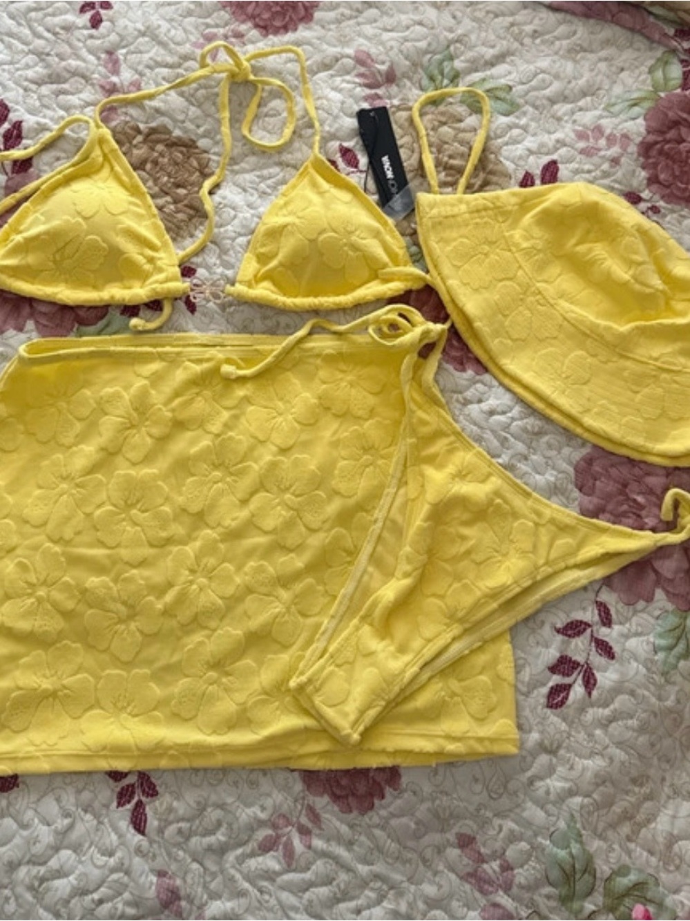 Fashion Nova Yellow Floral Embossed 3-Piece Swim Set